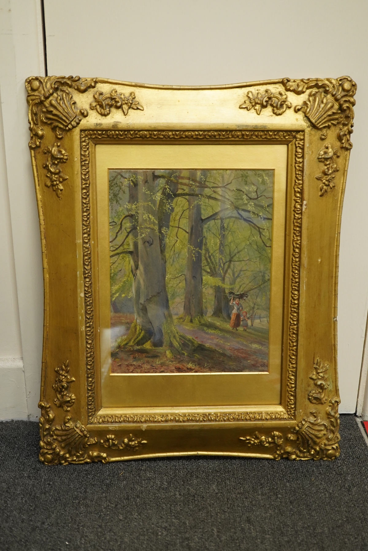 Nevil Lupton (19th. C), watercolour, ‘Beech trees in spring’, monogrammed and indistinctly dated 1858?, ink inscription verso, 25 x 19cm, housed in ornate gilt frame. Condition - fair to good